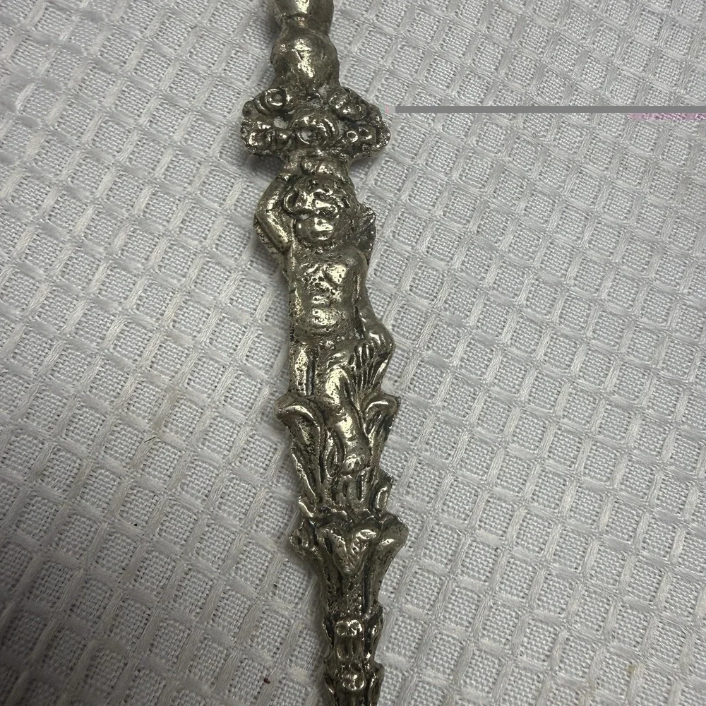 Rare Vintage Italian Large Silver Plated Intricate Designed Serving Fork Cherub